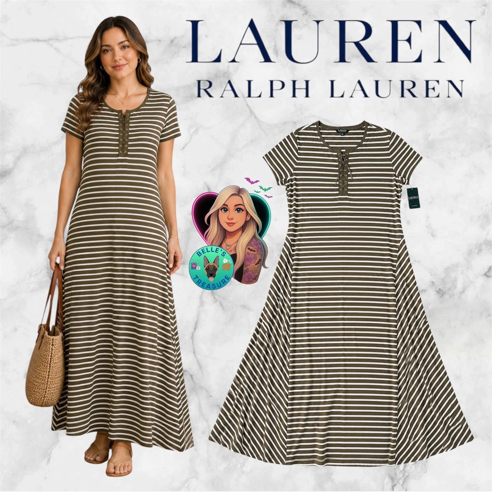Ralph Lauren LRL Women 2XL Olive Green Striped Lace Up Henley Maxi Dress 2X NEW